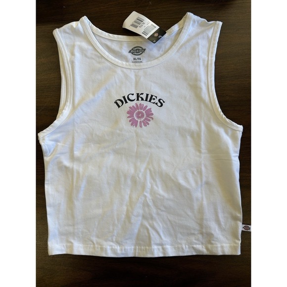 Dickies White Crop Tank Top JuniorXL Extra Large Daisy Flower Graphic Sleeveless - Picture 1 of 5